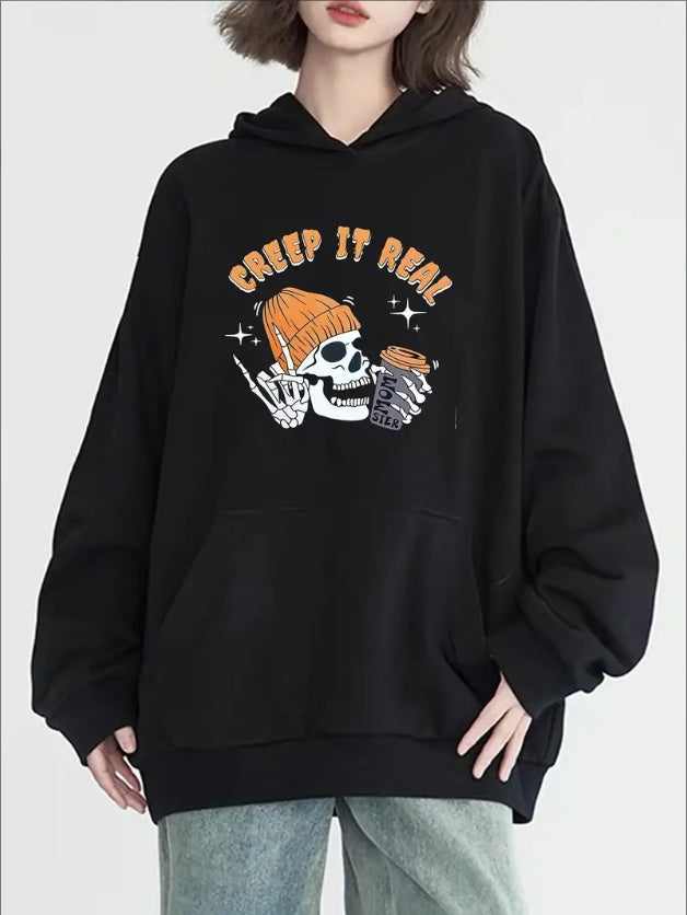 Skull Print Kangaroo Pocket Hoodie