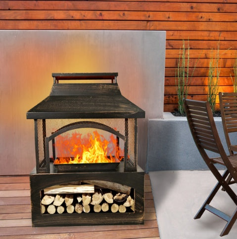 Outdoor Fireplace With Built-in Log Storage & Brush Stick