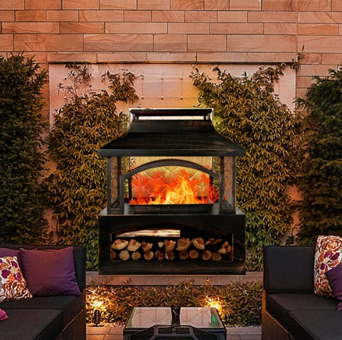 Outdoor Fireplace With Built-in Log Storage & Brush Stick