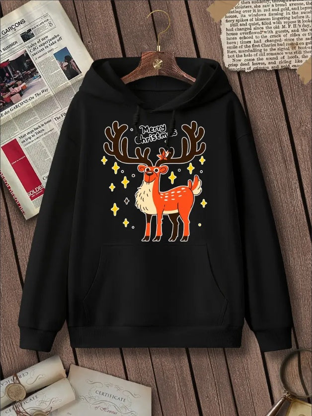 Women's Fashion Christmas Cartoon Reindeer Stars Print Hoodie