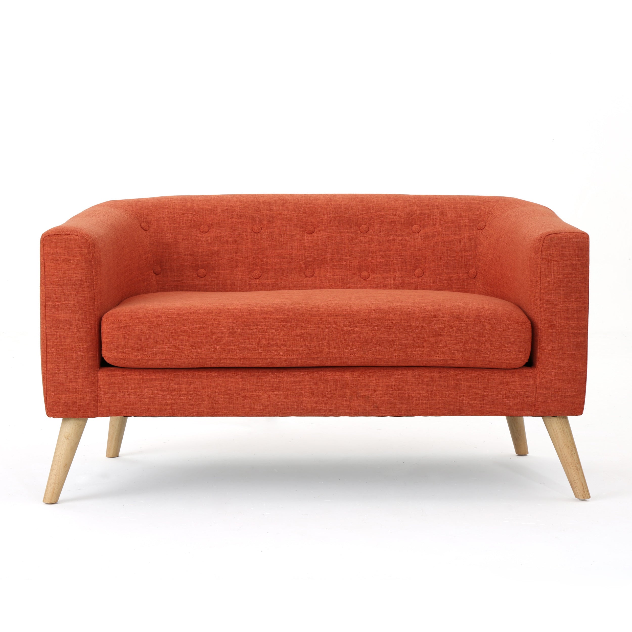 Modern Mid-Century Double Sofa – Orange Fabric, Button Tufted Back, Light Birch Legs