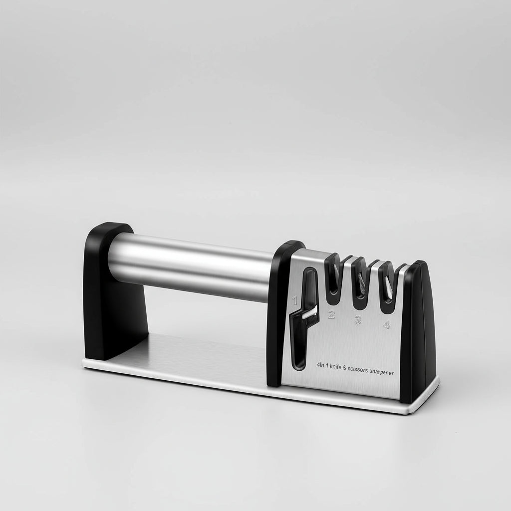 Knife sharpener with size mark inset on a kitchen counter