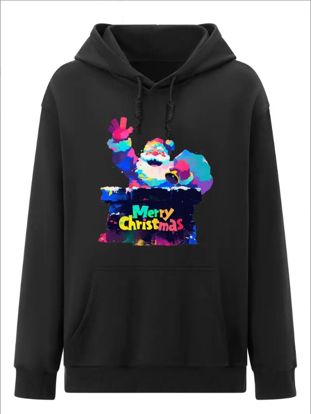 Women's Fashion Christmas Graffiti Santa Claus Print Hoodies Long Sleeve Hood Sweatshirt Loose Fit Tops Fall Streetwear