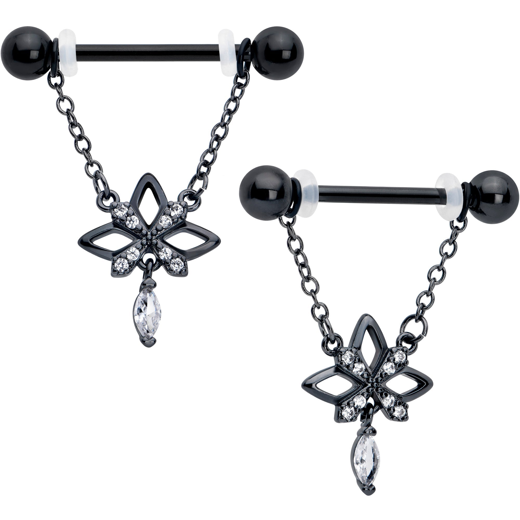 14G 9/16 Clear CZ Gem Black Gothic Star Dangle Nipple Ring Set