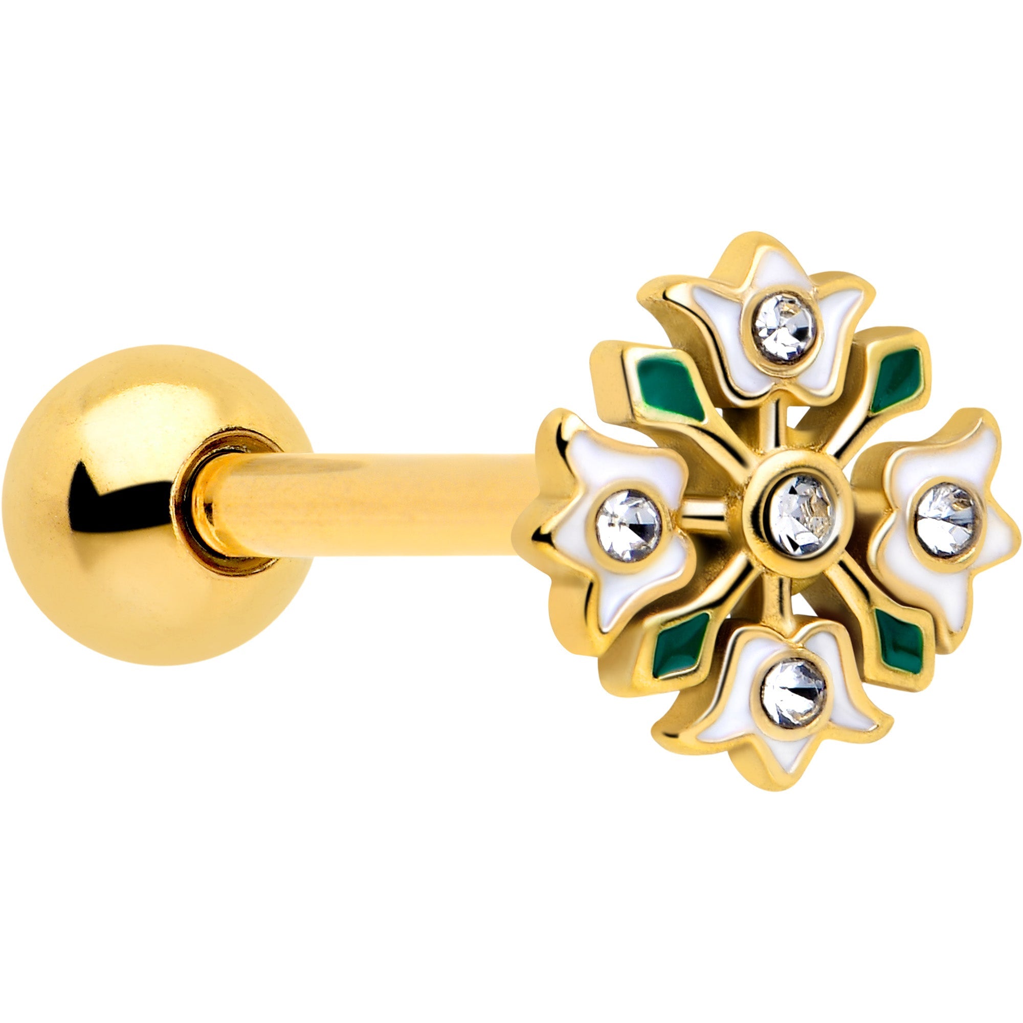 Clear Gem Gold Tone Flower Wreath Barbell Tongue Ring