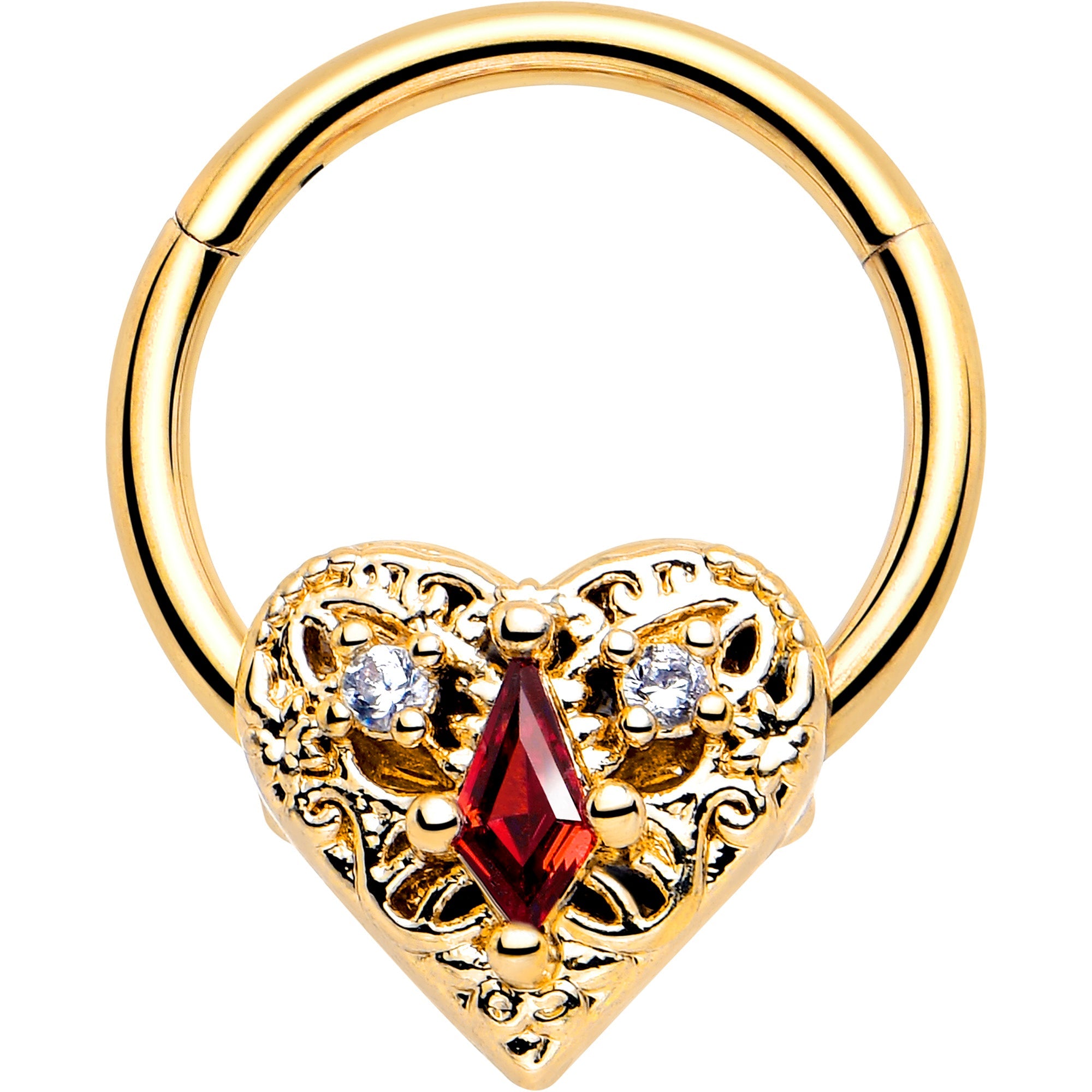 16G 3/8 Red CZ Gem Gold Tone Heart Queen Hinged Segment Ring