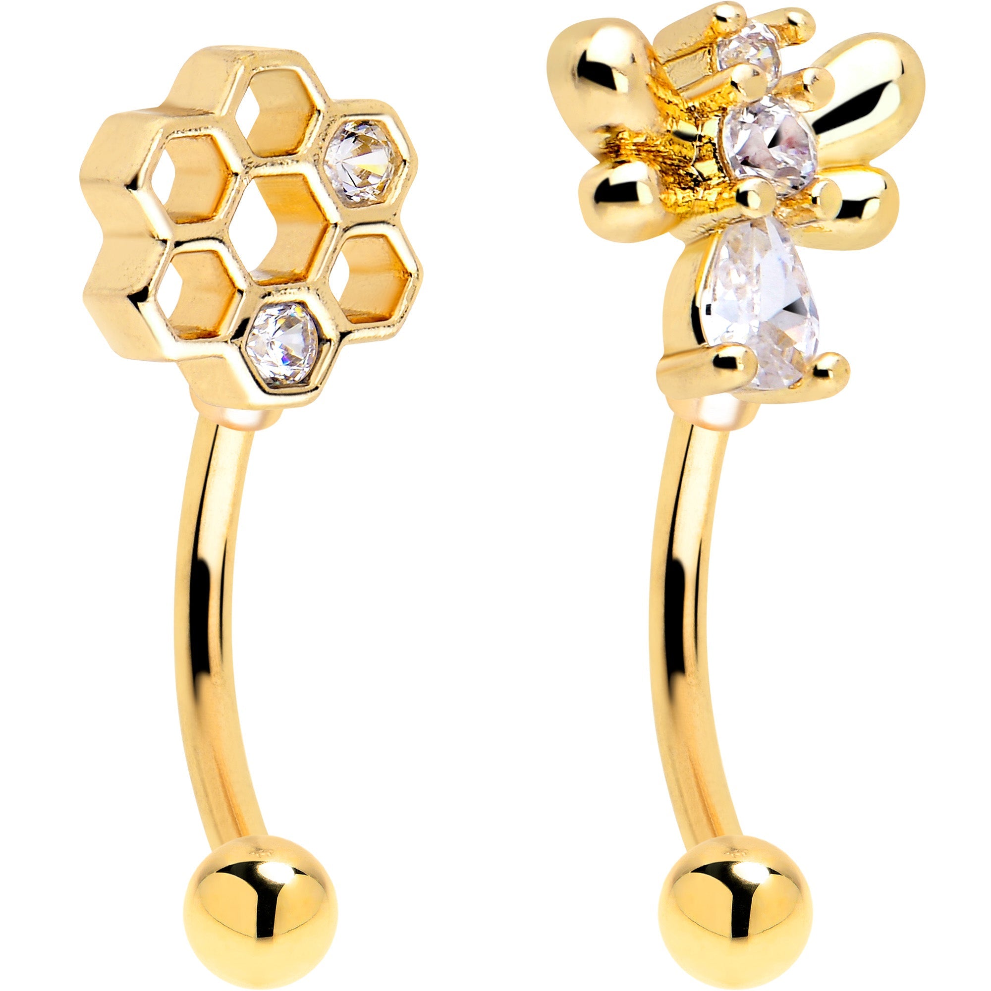 16G 5/16 Clear CZ Gold Tone Bee Hive Luv Curved Eyebrow Ring Set of 2
