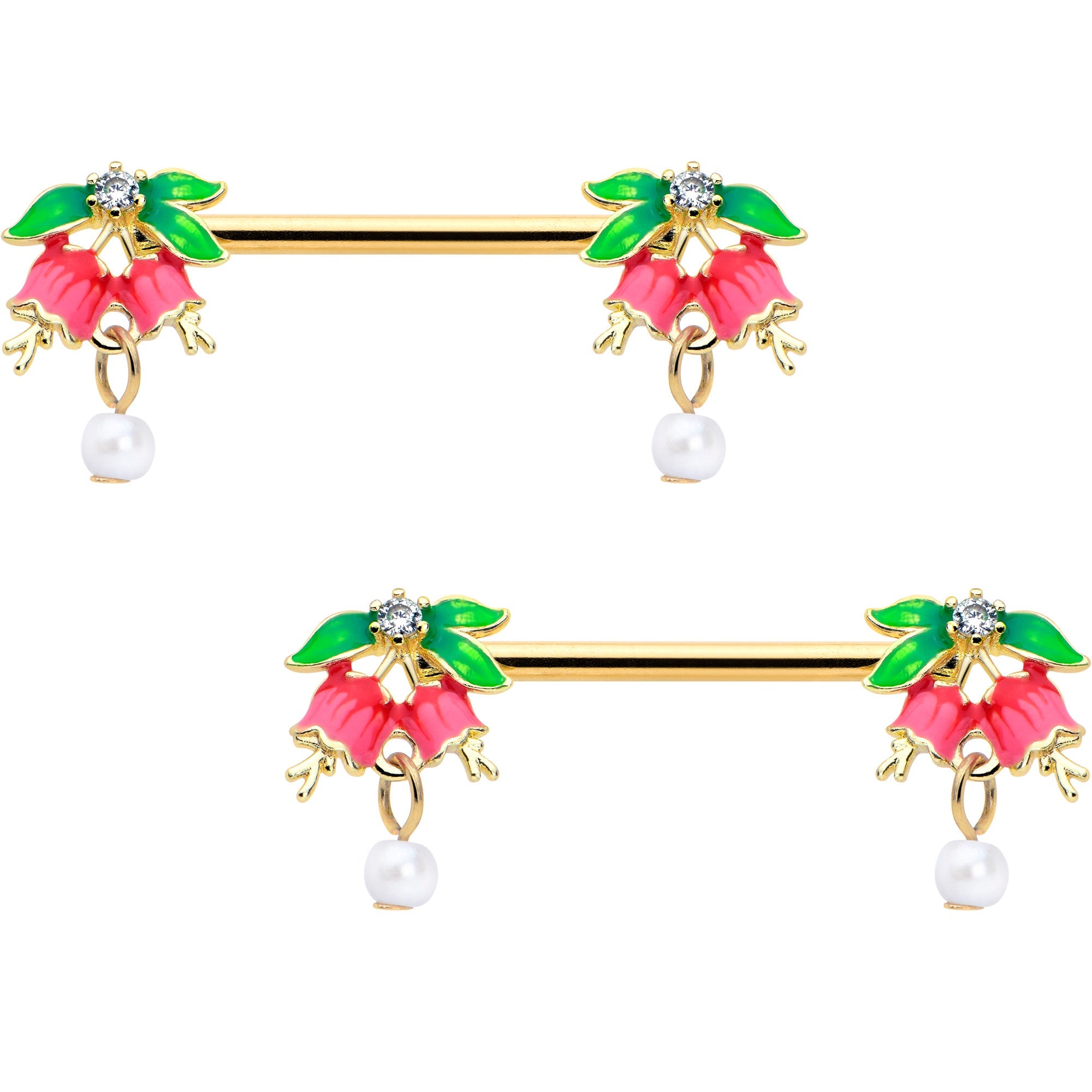 14G 9/16 Clear CZ Gem Gold Hue Bell Flower Barbell Nipple Ring Set