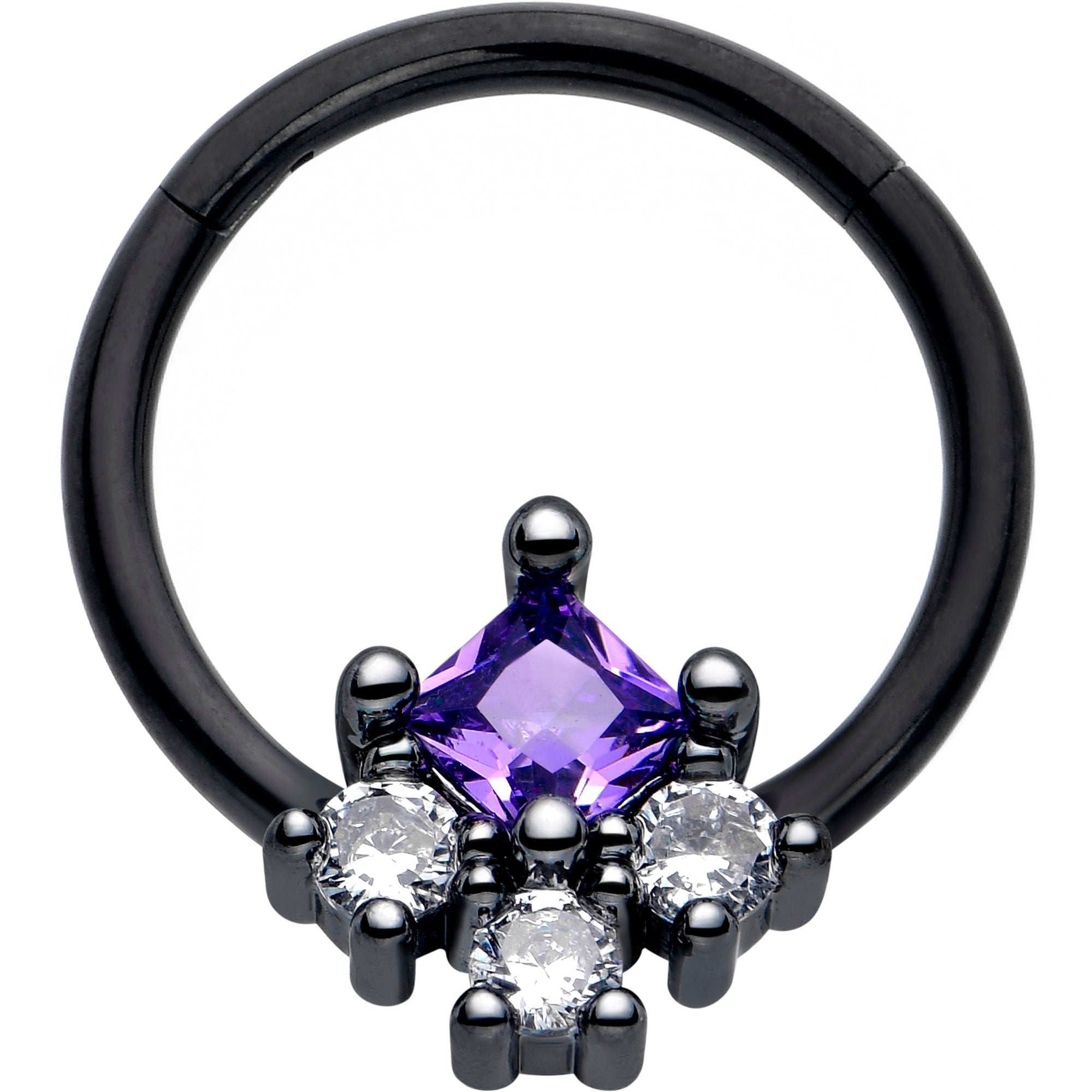 16G 3/8 Purple CZ Gem Black Rhombus Riot Hinged Segment Ring