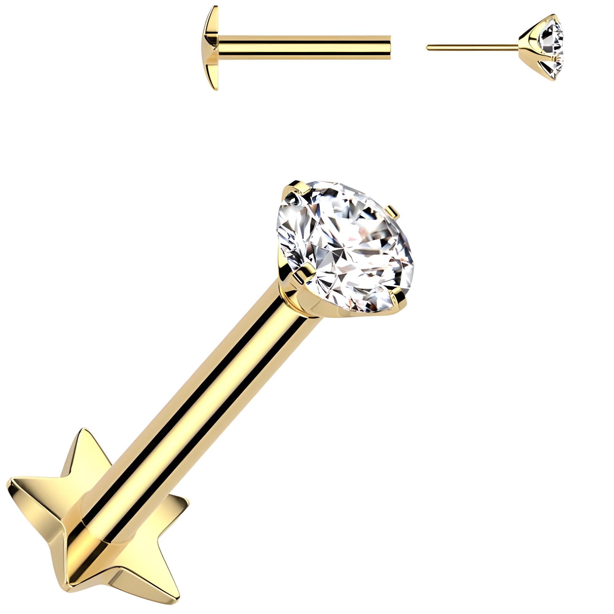 Gold Medical Grade Titanium Flat Back Earring 18G 3mm CZ Reversible Star