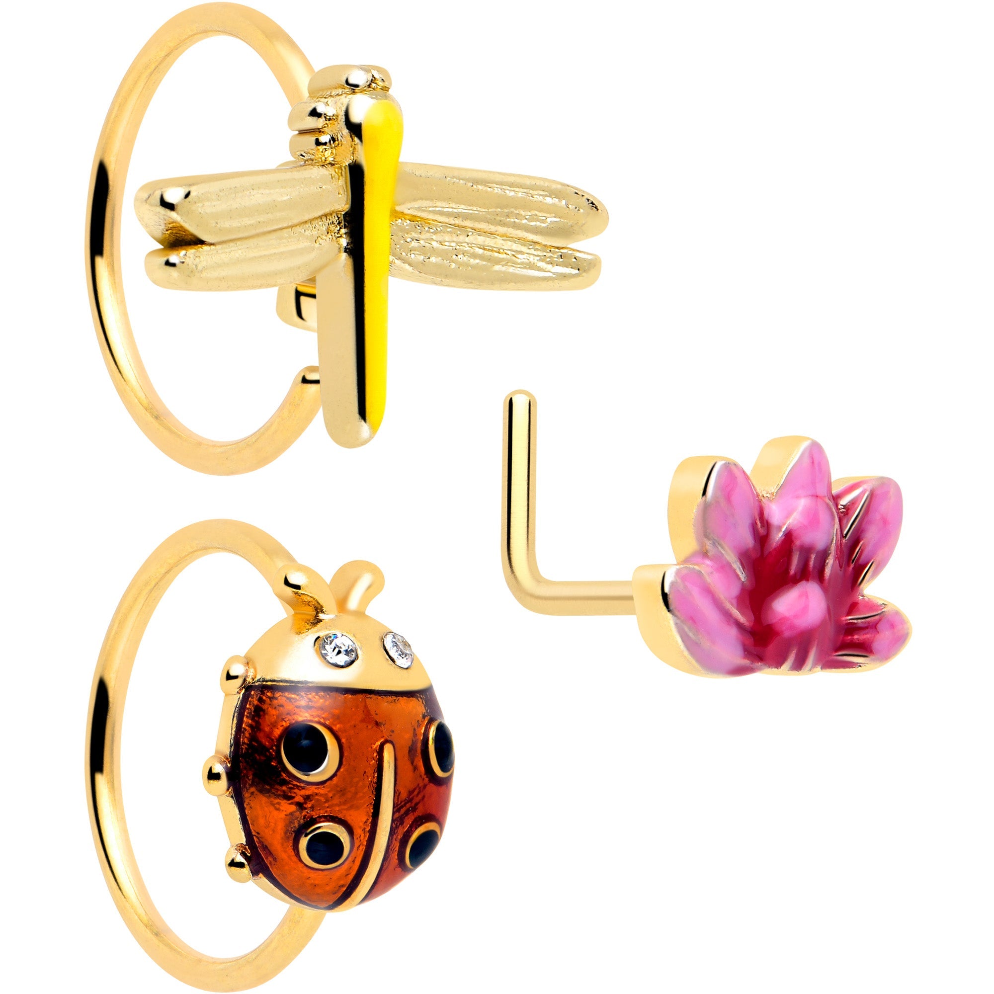20G Clear Gem Gold Tone Lotus Ladybug L Shape Nose Hoop Set of 3