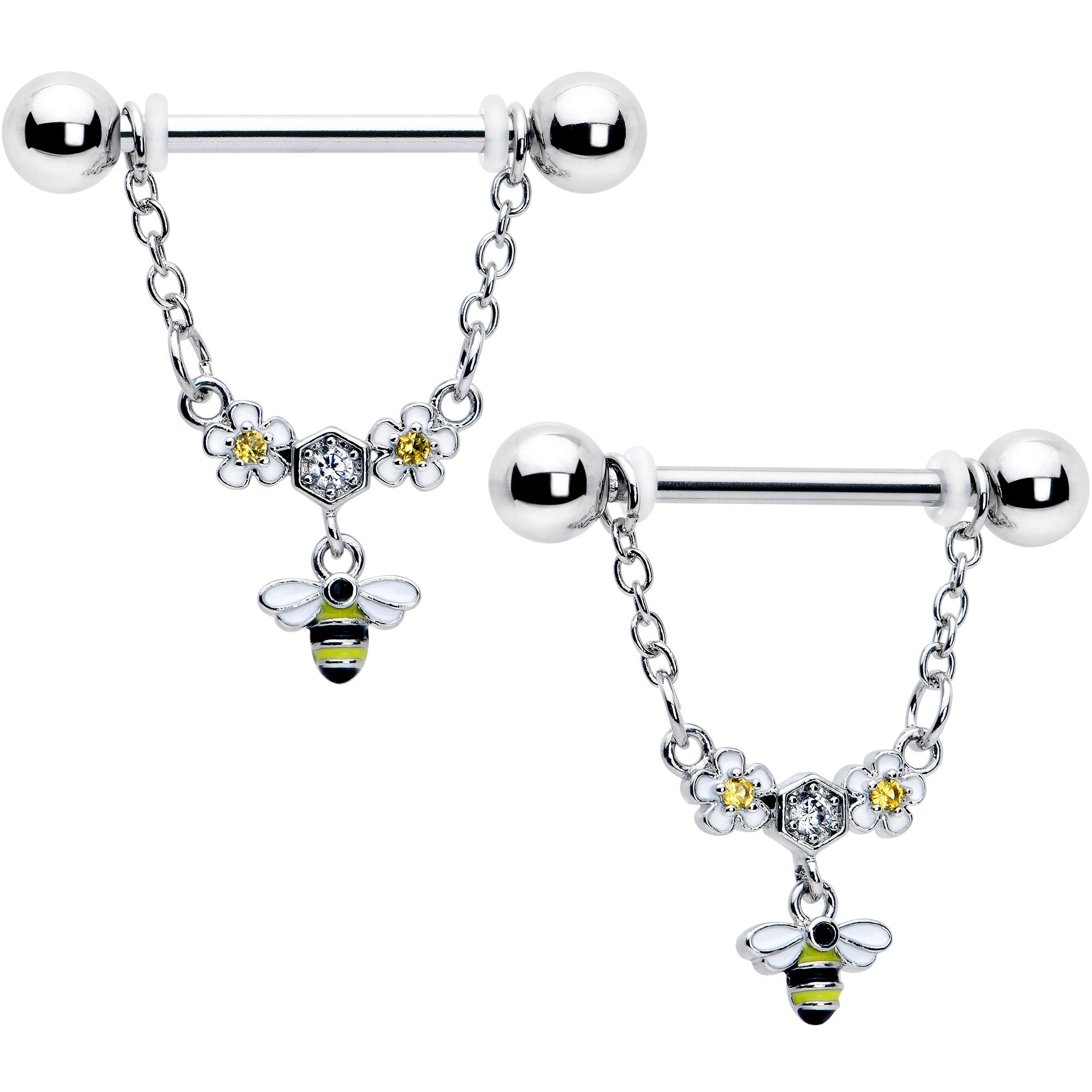 14G 9/16 Yellow CZ Gem Flower Bee Chain Dangle Nipple Ring Set