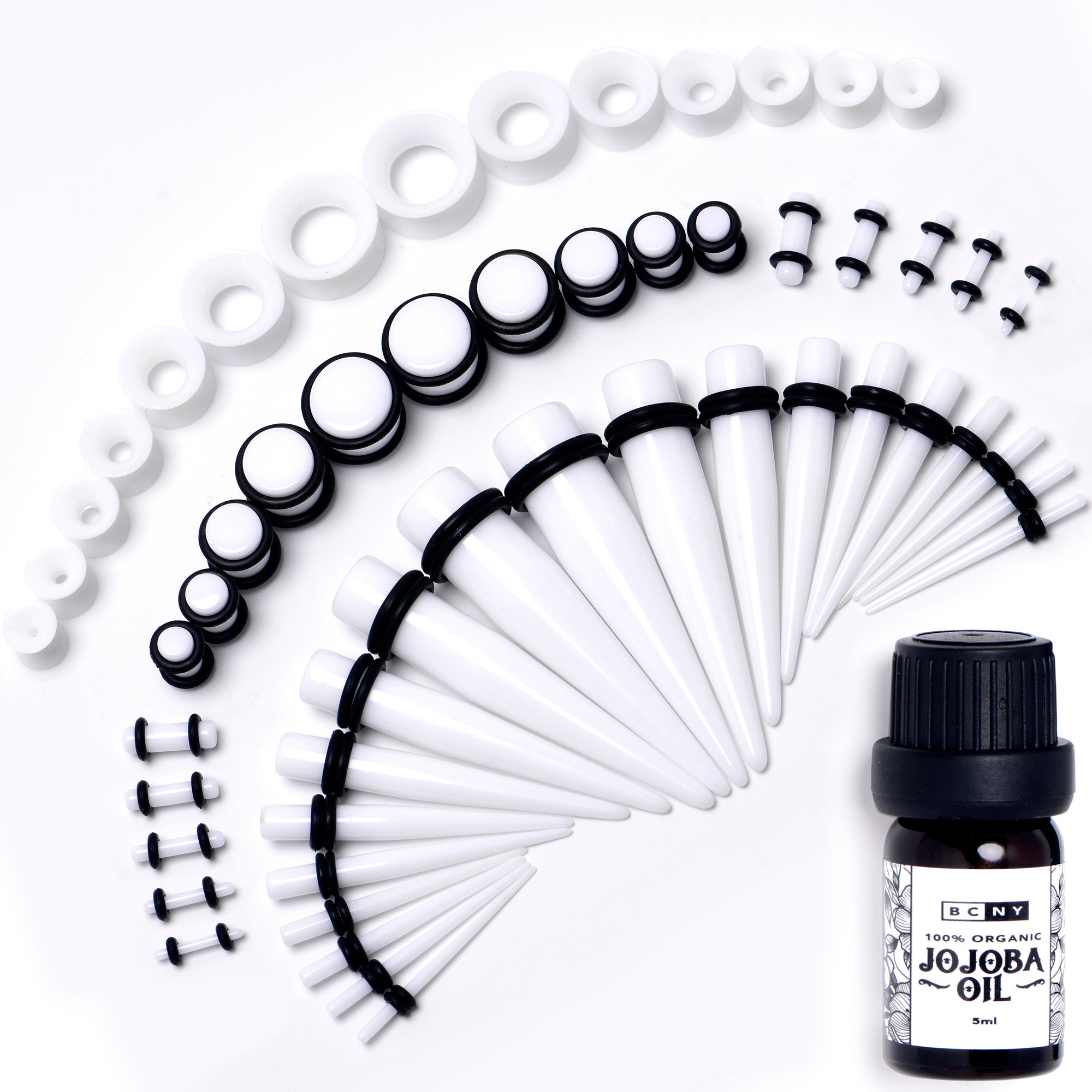 14G to 1/2 White Acrylic 54 Piece Ear Stretching Kit with Jojoba Oil