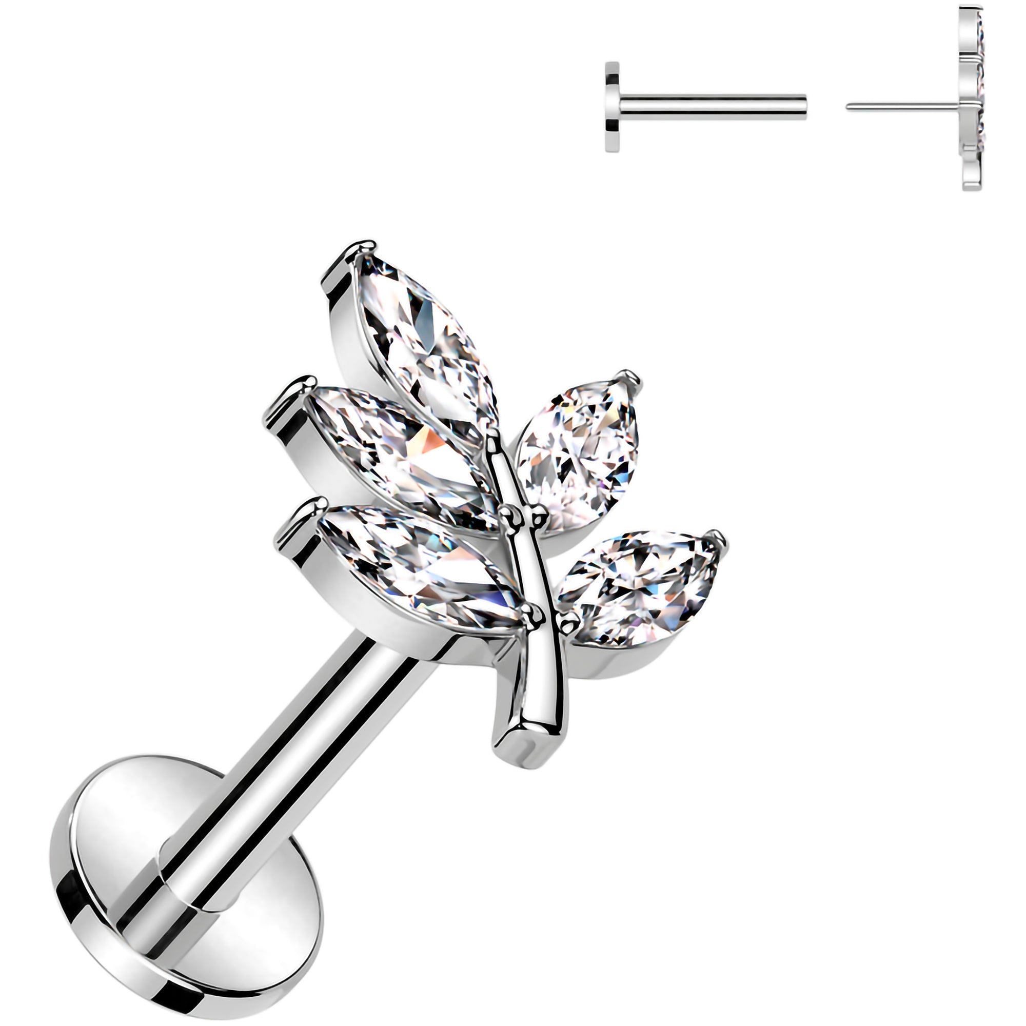 Surgical Steel Flat Back Earring - 18G With Cubic Zirconia Leaves
