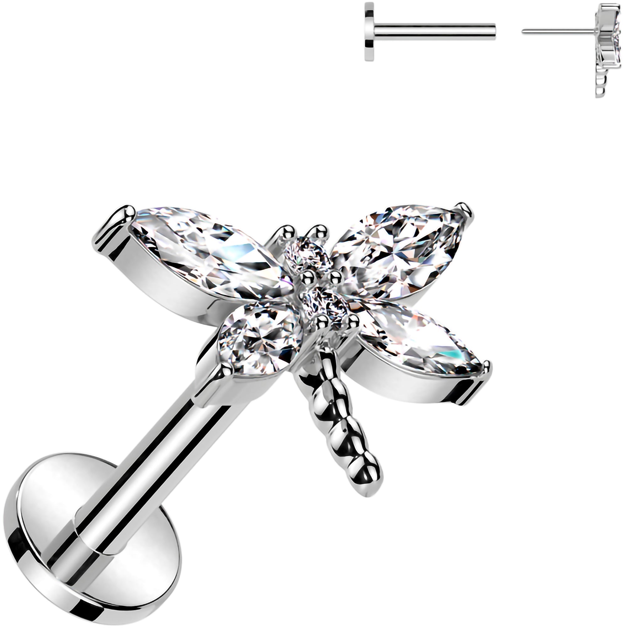 Surgical Steel Flat Back Earring - 18G With Cubic Zirconia Dragonfly