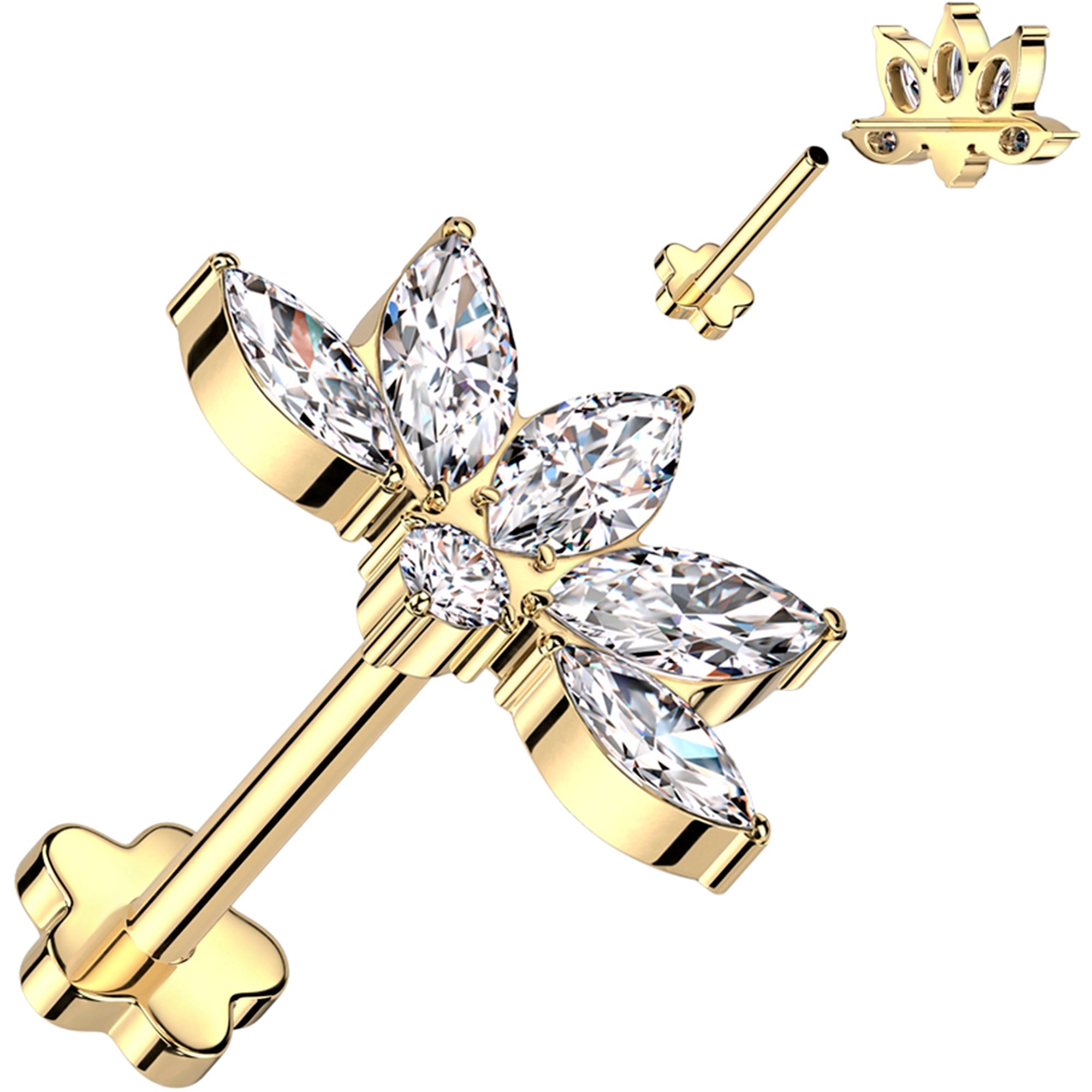 18G 5/16 Clear CZ Gem Style Fan Gold PVD Medical Grade Titanium Reversible Flat Back Earring