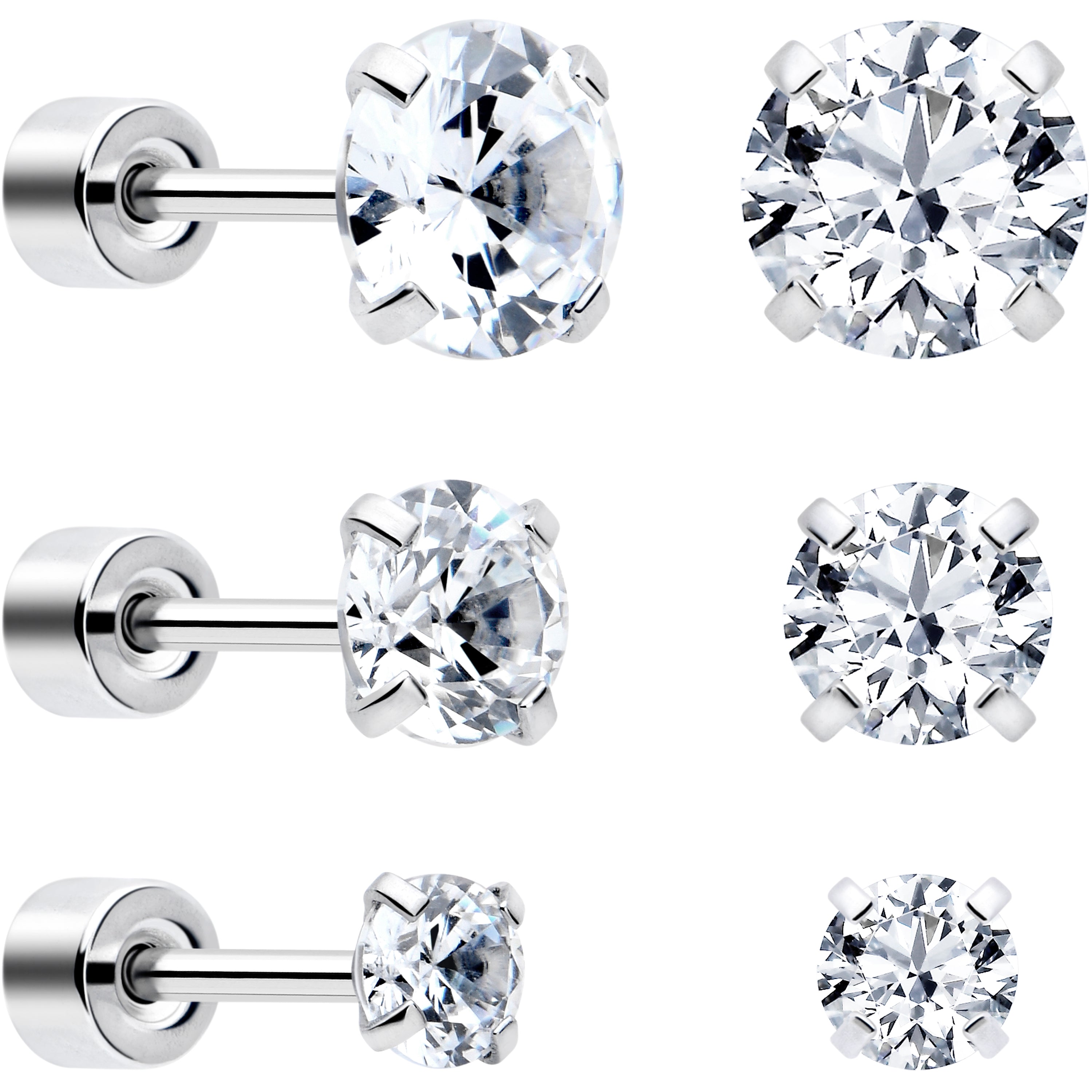 CZ Flat Back Stud Earrings - 3 Pairs