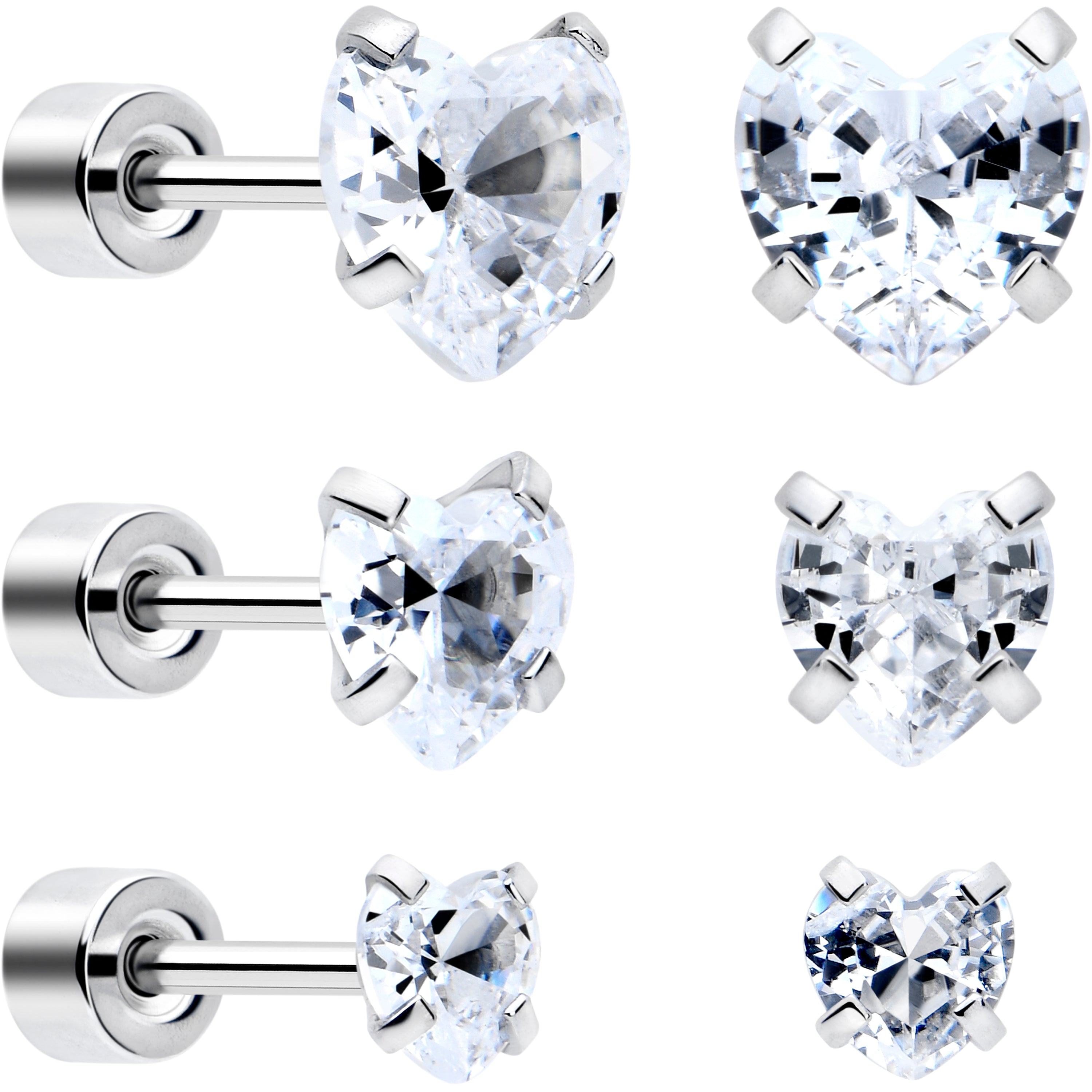 Clear Heart CZ Flat Back Stud Earrings - 3 Pairs