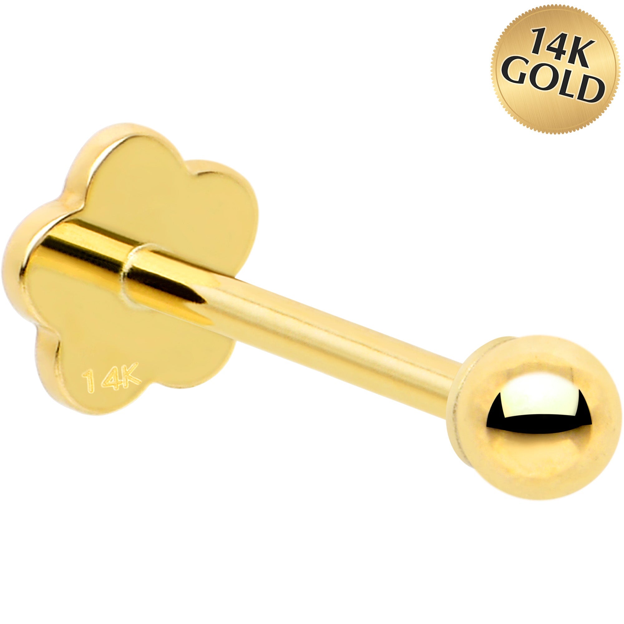 14k Yellow Gold Flat Back Earring 20G 2mm Ball Floral Reversible