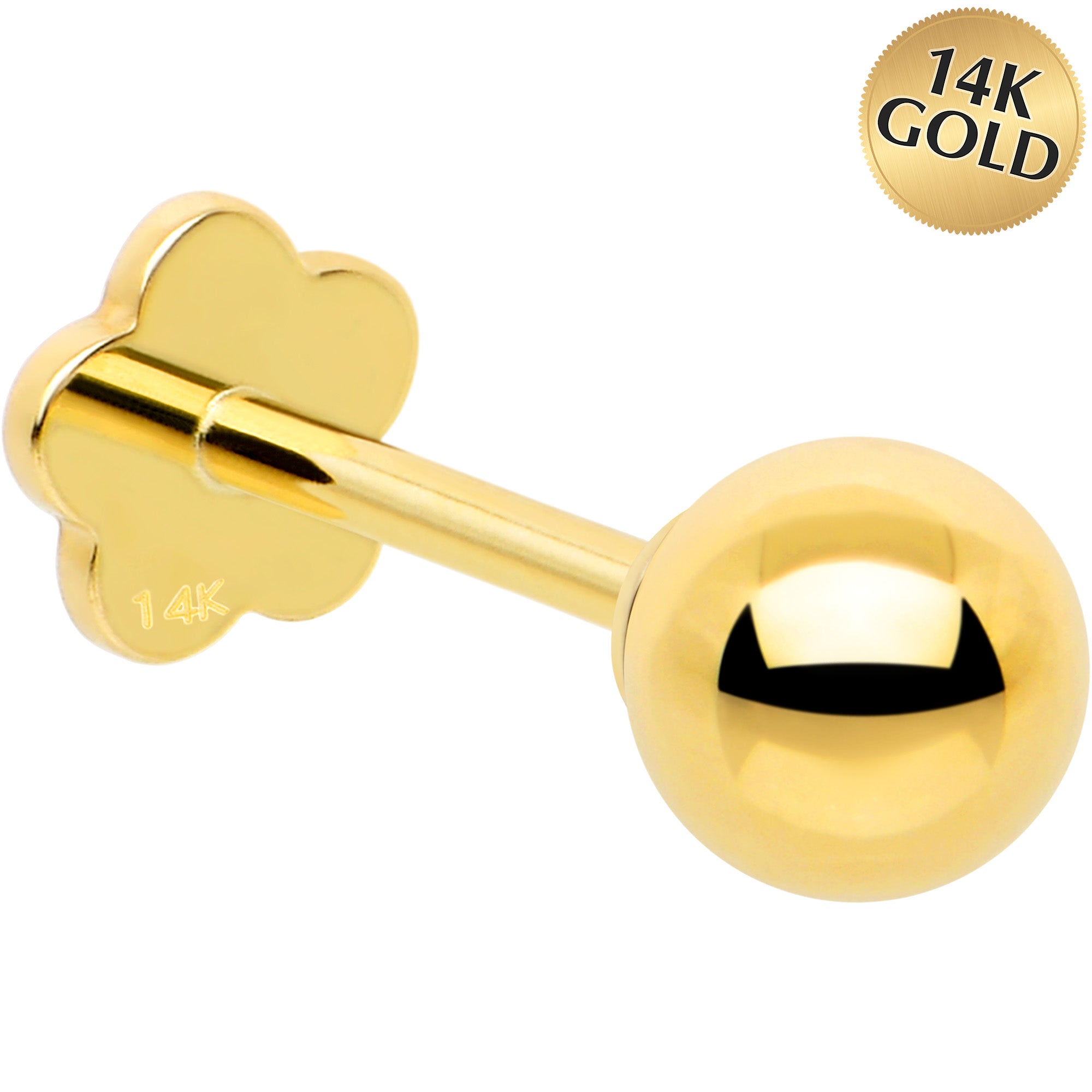 14k Yellow Gold Flat Back Earring 20G 4mm Ball Floral Reversible