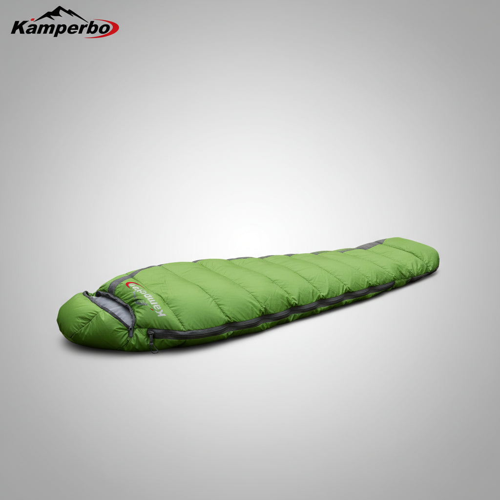 Green sleeping bag with Kamperbox branding on a white background