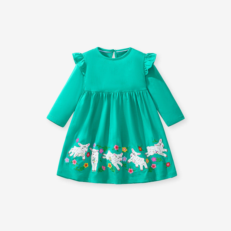 Girls Lamb Pattern Crew Neck Dress