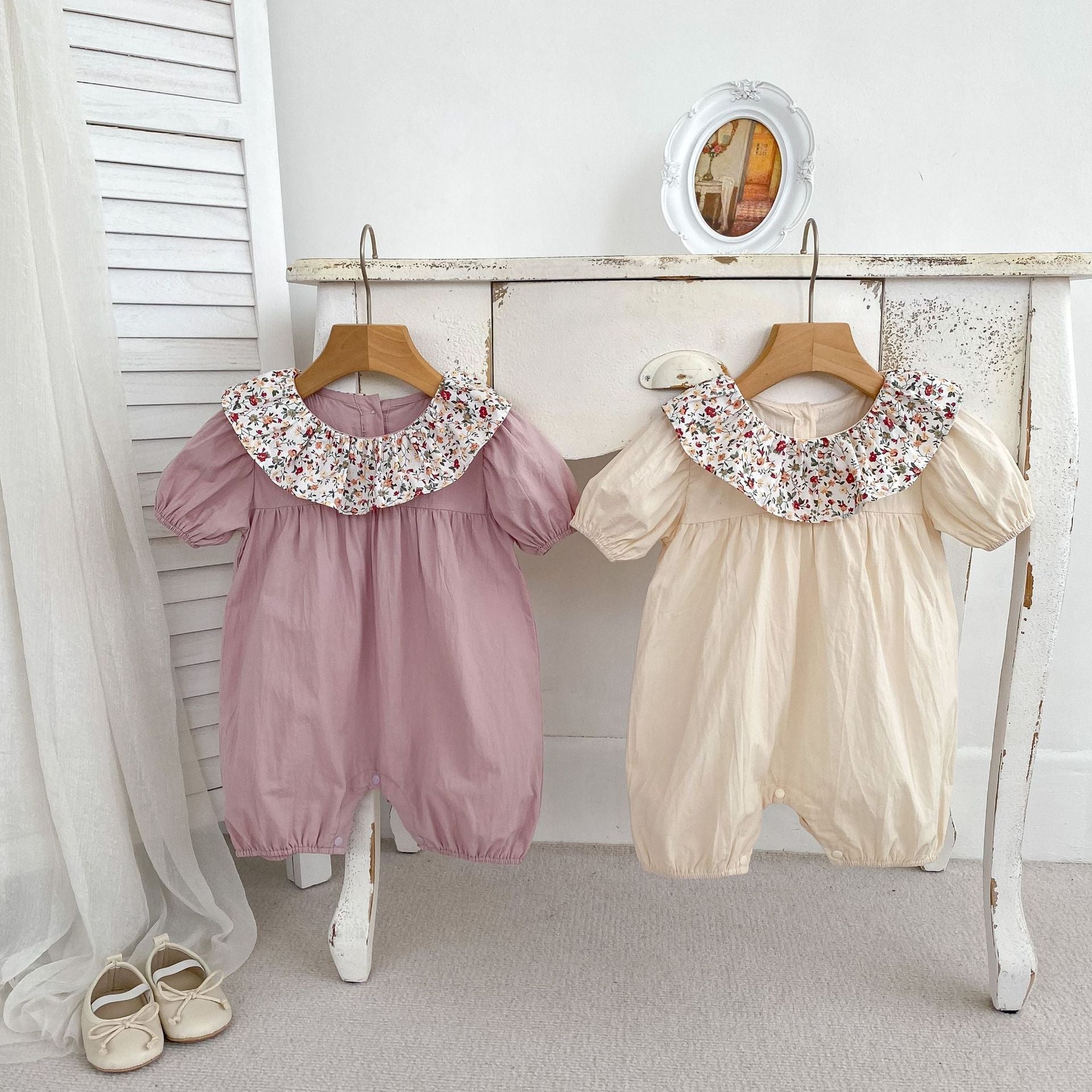 Baby Girls Floral Collar Short Sleeves Thin Romper